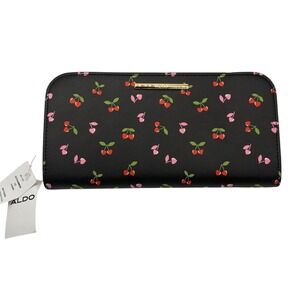 Aldo Black Red Cherry Hearts Zip Around Wallet Clutch Cottagecore Novelty NWT